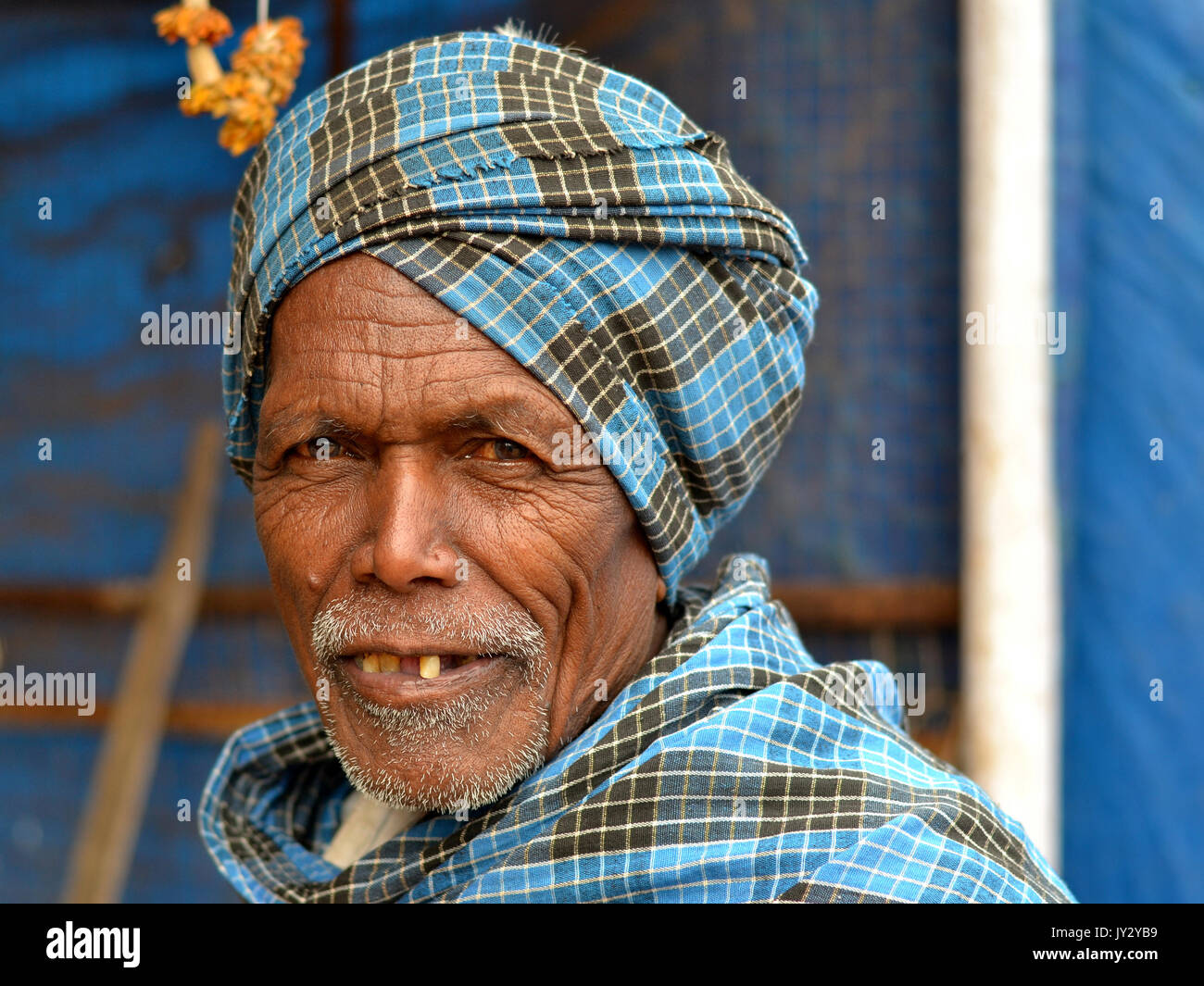 Old Indian Adivasi man wears a blue-checkered turban and poses for the camera. Stock Photo