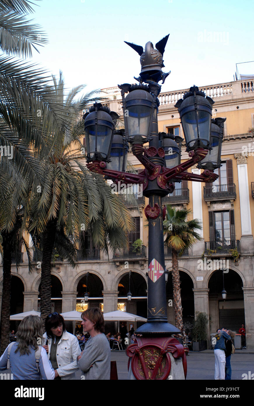 Street lamp designed by A. Gaudi, Plaza Real, Barri Gotico, Ciutat Vella. Barcelona. Stock Photo