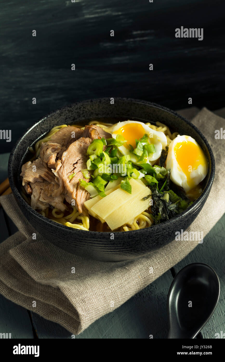 Homemade Japanese Pork Ramen Noodles with Egg and Seaweed Stock Photo