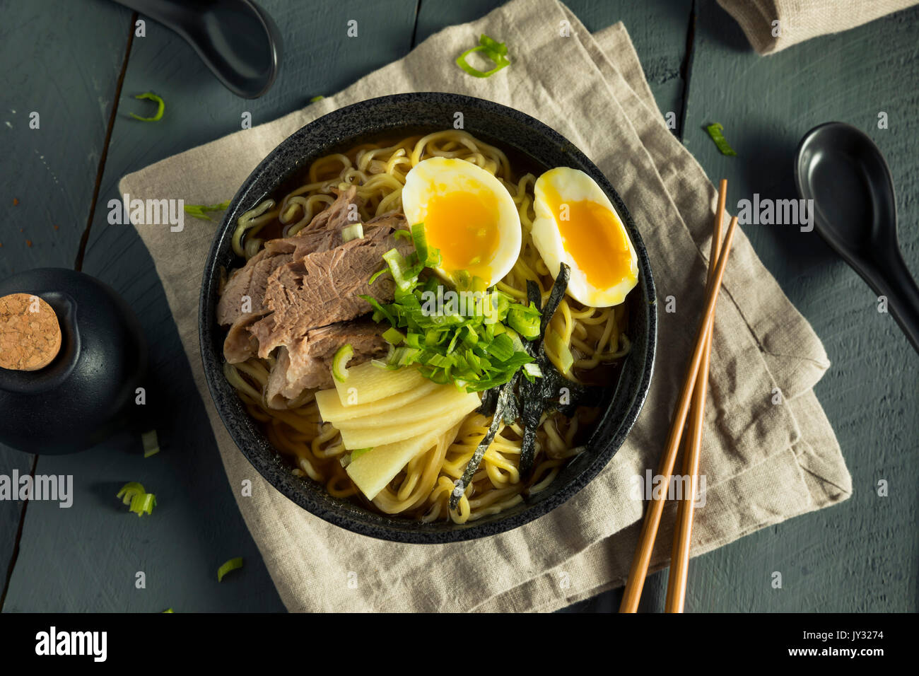 Homemade Japanese Pork Ramen Noodles with Egg and Seaweed Stock Photo