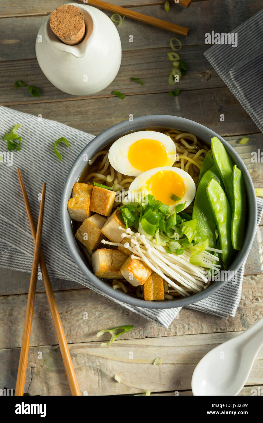 Homemade Japanese Vegan Tofu Ramen Noodles with Egg and Mushrooms Stock
