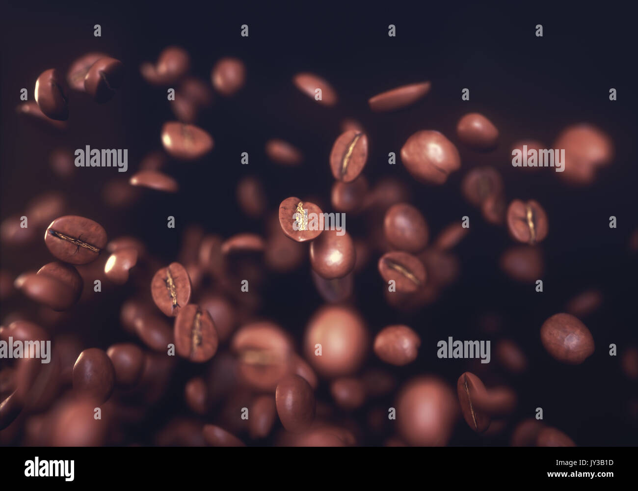 Roasted coffee beans, frozen grain in the air with shallow depth of field. Stock Photo