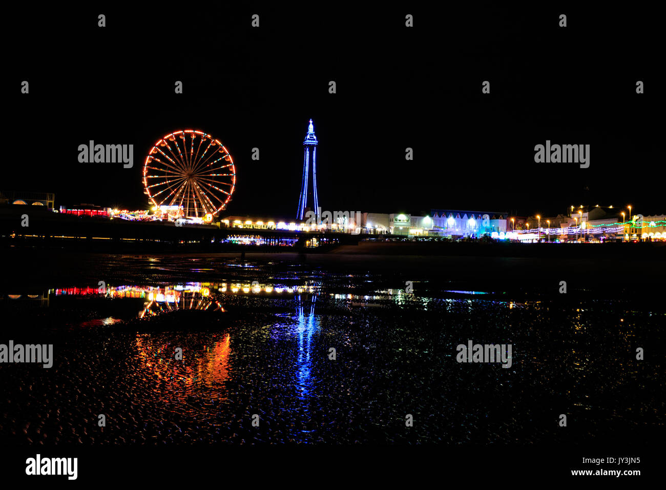 on the beach in Blackpool at night Stock Photo