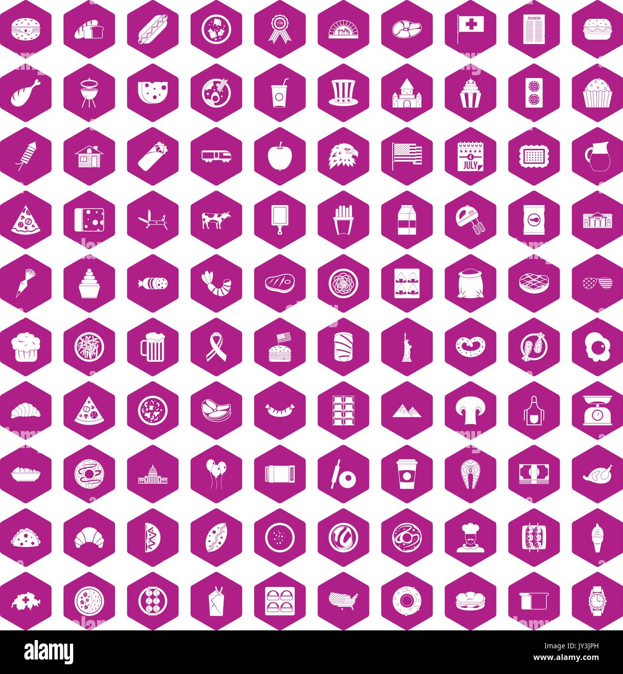 100 sandwich icons hexagon violet Stock Vector