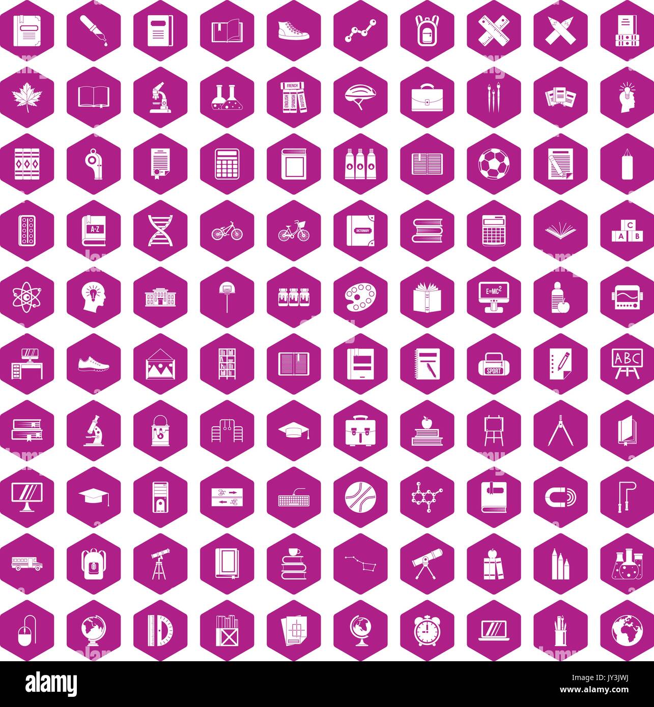 100 school icons hexagon violet Stock Vector