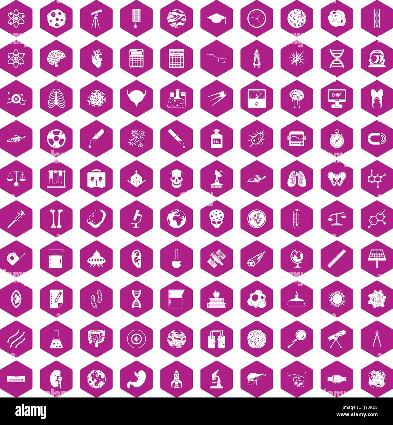 100 science icons hexagon violet Stock Vector
