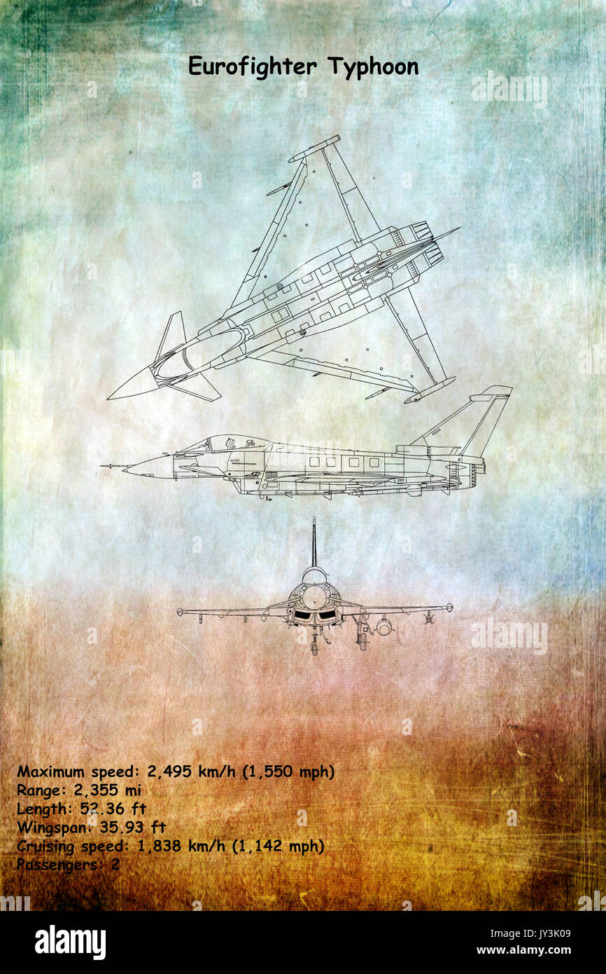 Aircraft Blueprint of The Eurofighter Typhoon is a twin-engine, canard-delta wing, multirole fighter. The Eurofighter Typhoon is a highly agile aircra Stock Photo