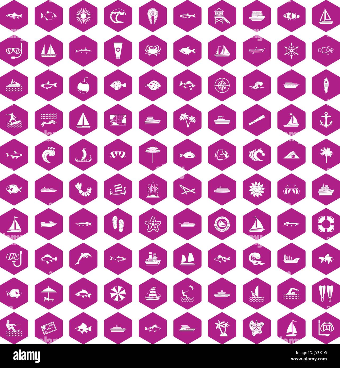100 sea icons hexagon violet Stock Vector
