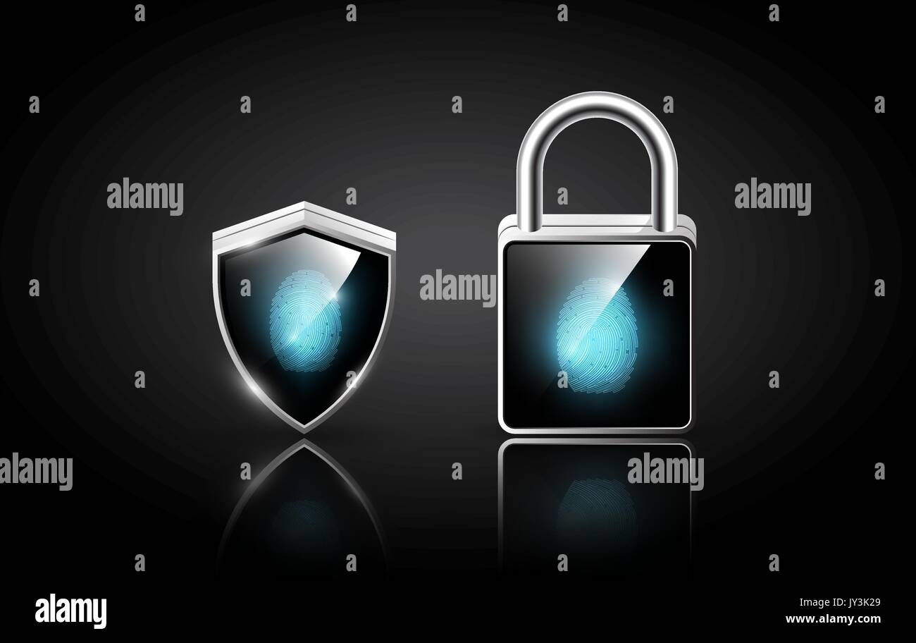 Fingerprint on realistic modern padlock and shield, security system protection concept, transparent vector illustration Stock Vector