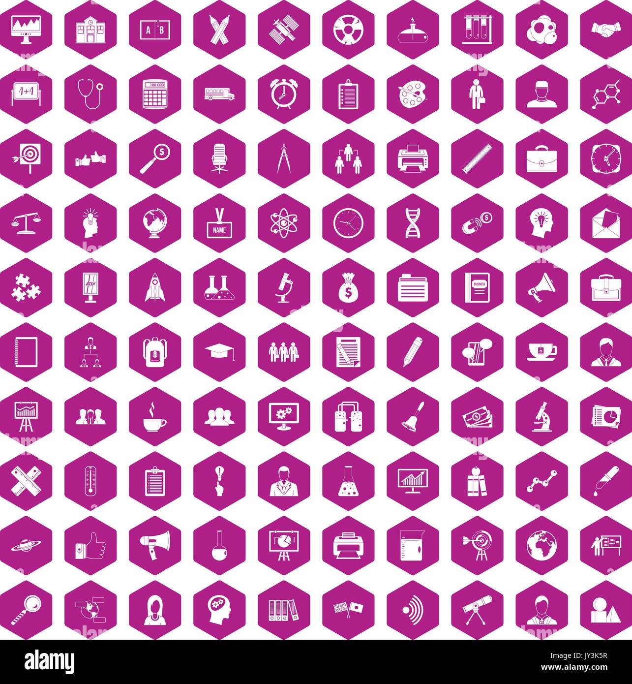 100 seminar icons hexagon violet Stock Vector