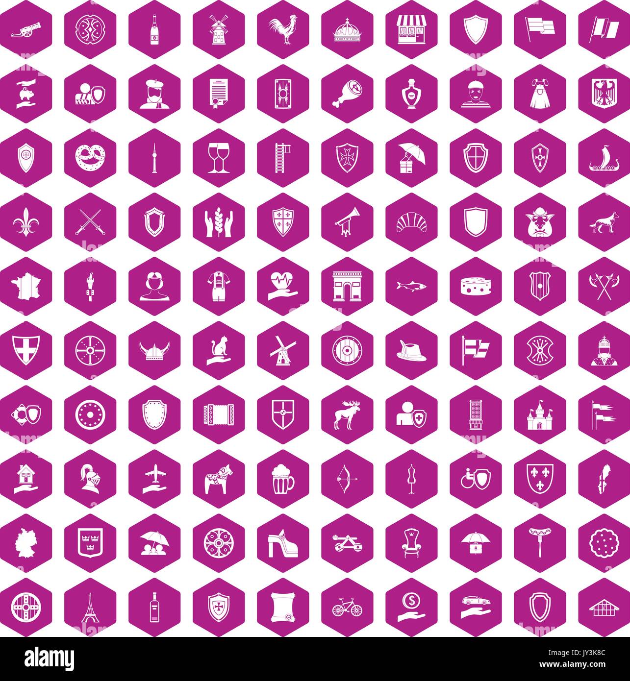 100 shield icons hexagon violet Stock Vector