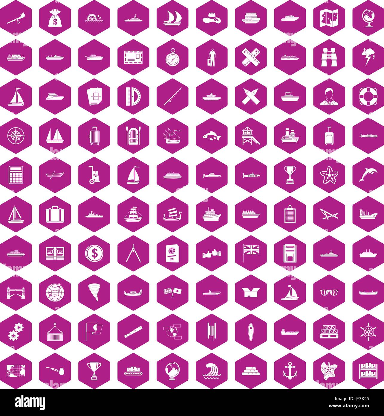 100 shipping icons hexagon violet Stock Vector