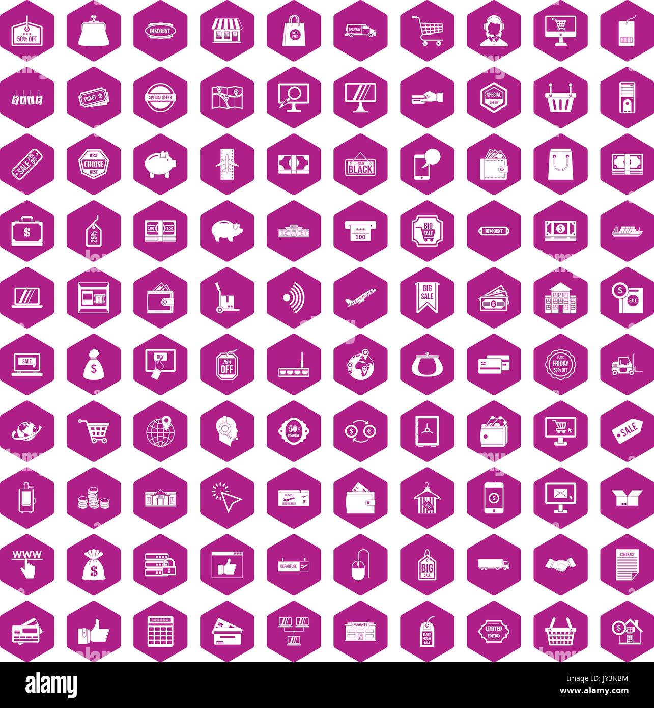 100 shopping icons hexagon violet Stock Vector