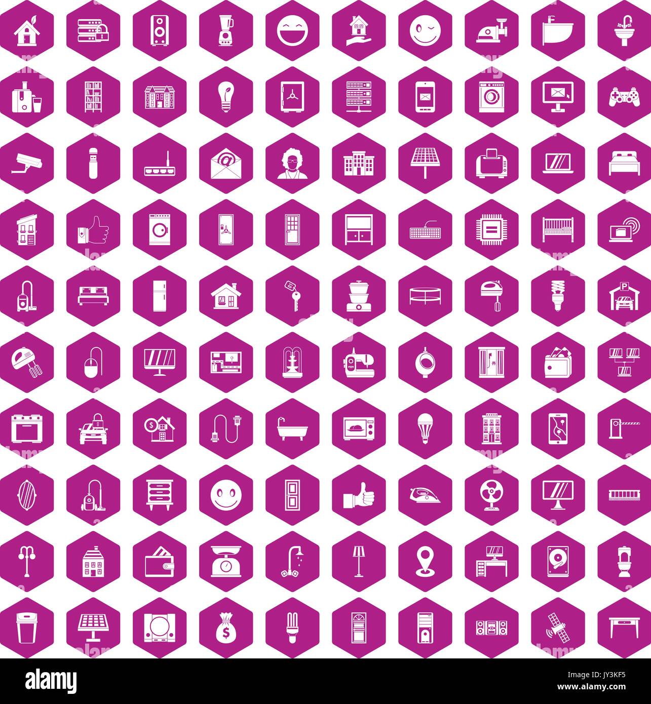 100 smart house icons hexagon violet Stock Vector