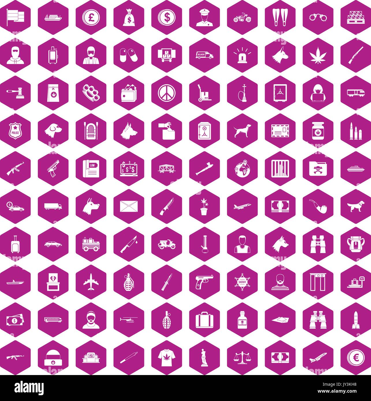 100 smuggling icons hexagon violet Stock Vector