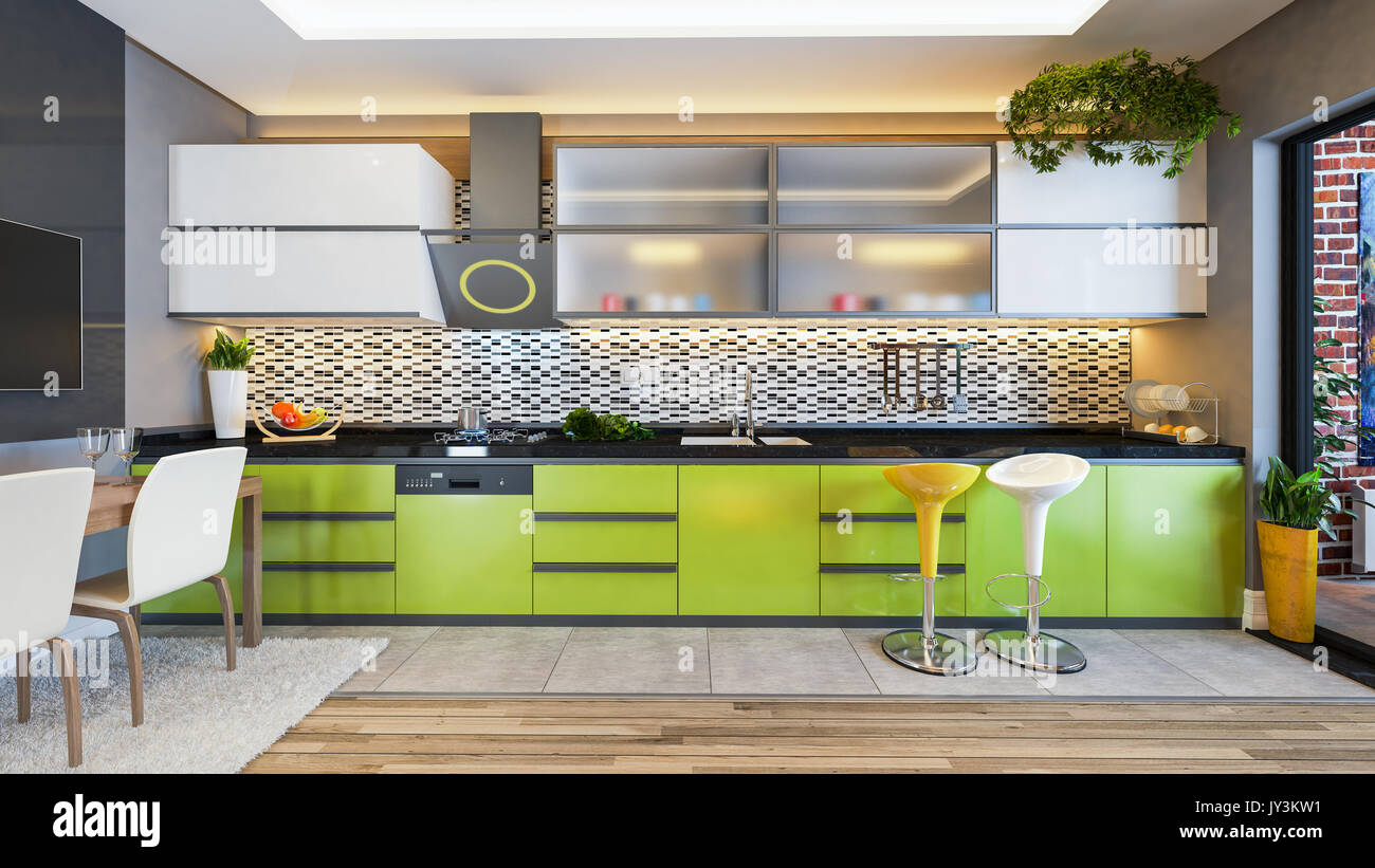 Green Color Kitchen Design Black White Ceramic With Fresh