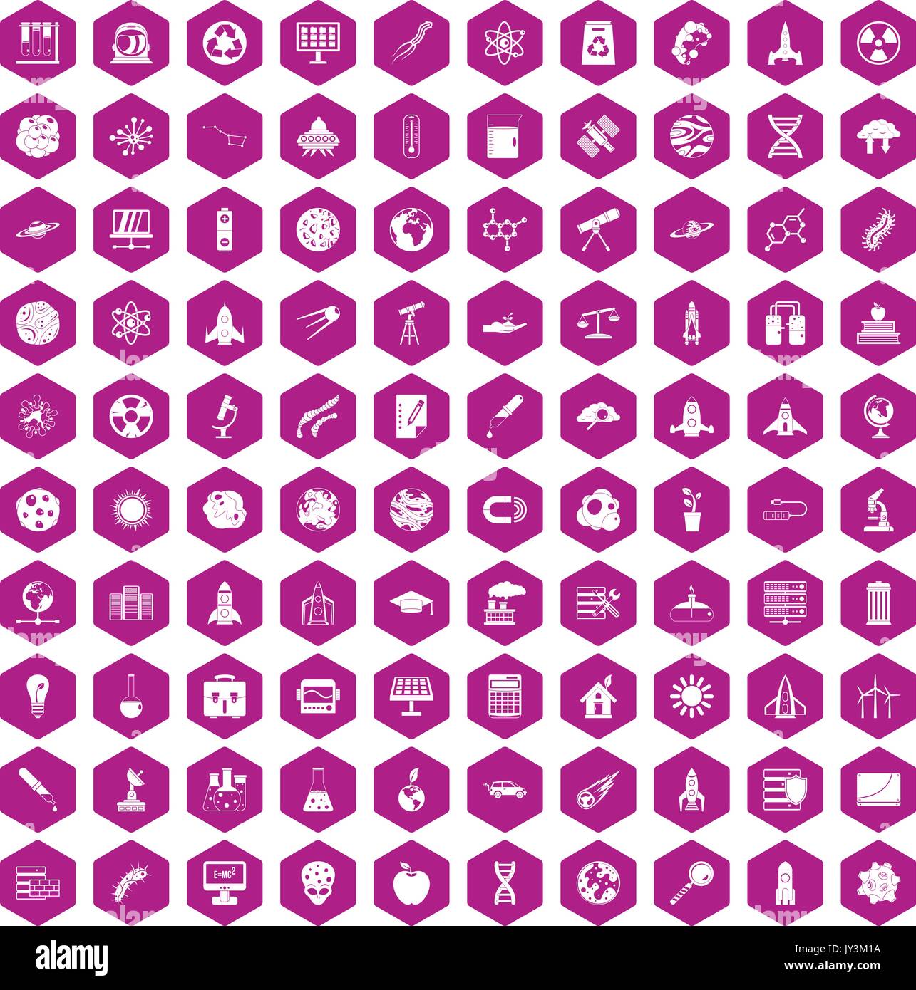 100 space icons hexagon violet Stock Vector