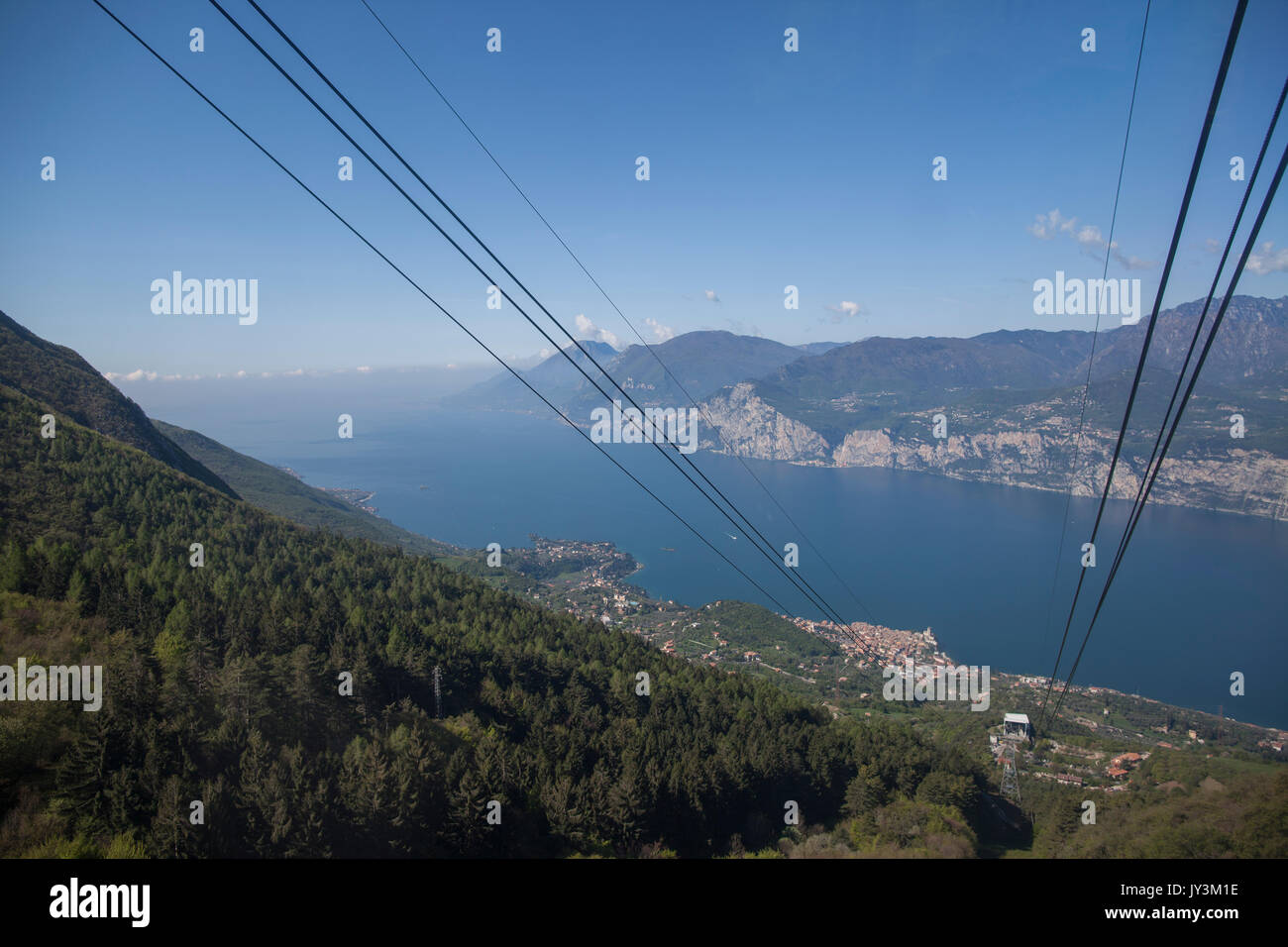 View of Lago di Garda from a cable-car to Monte Baldo Stock Photo