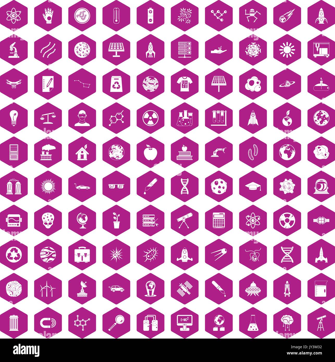 100 space technology icons hexagon violet Stock Vector