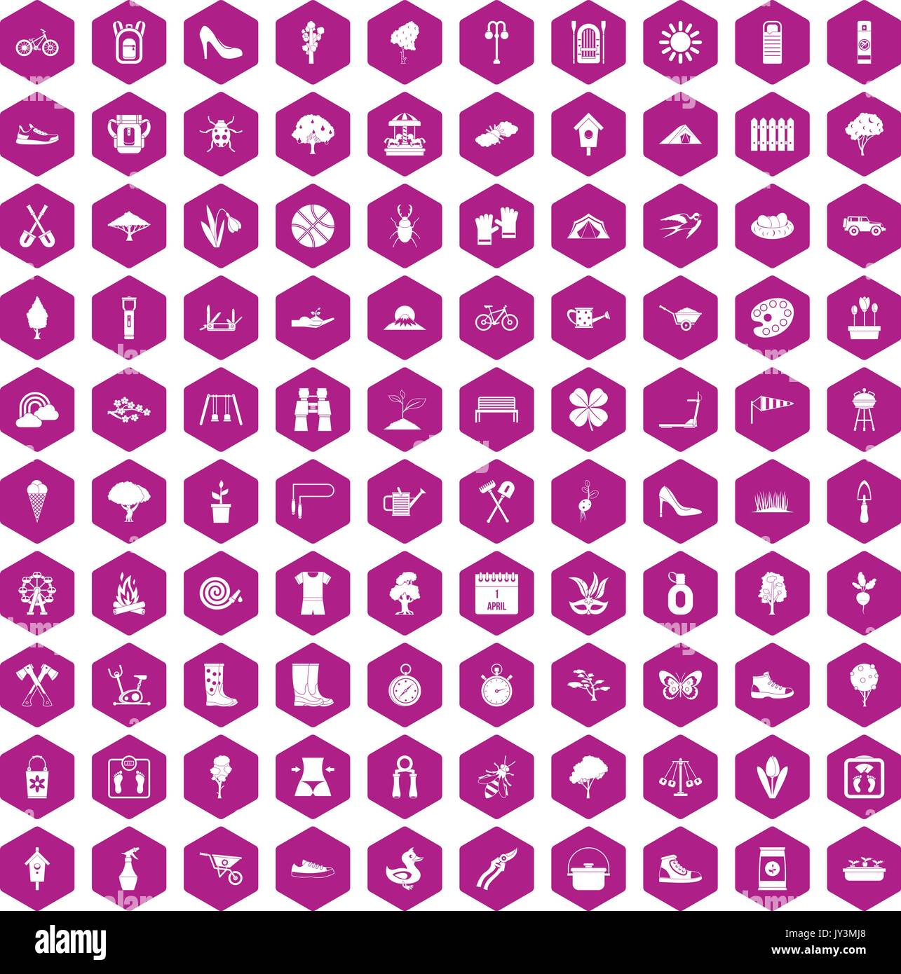 100 spring icons hexagon violet Stock Vector