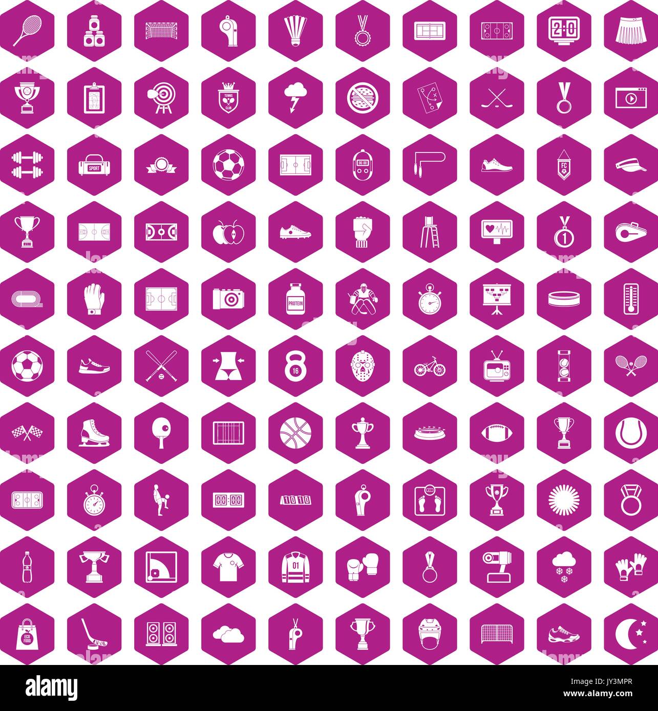 100 stadium icons hexagon violet Stock Vector