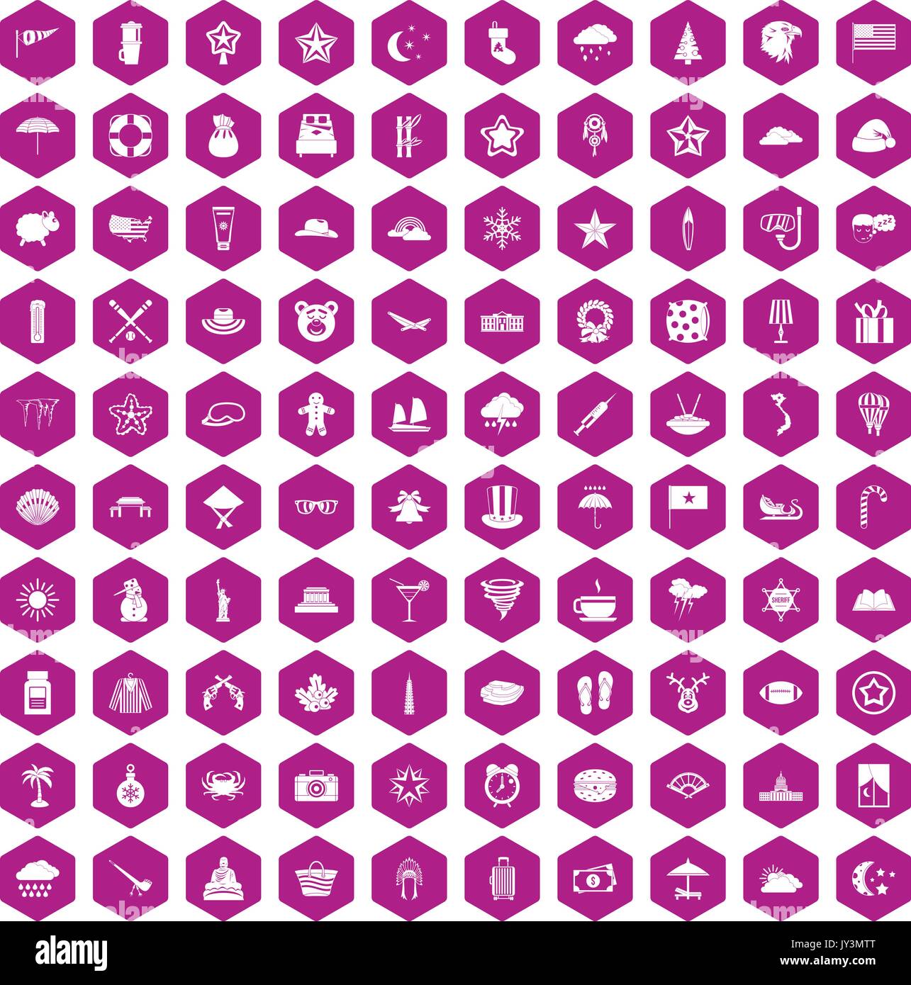 100 star icons hexagon violet Stock Vector