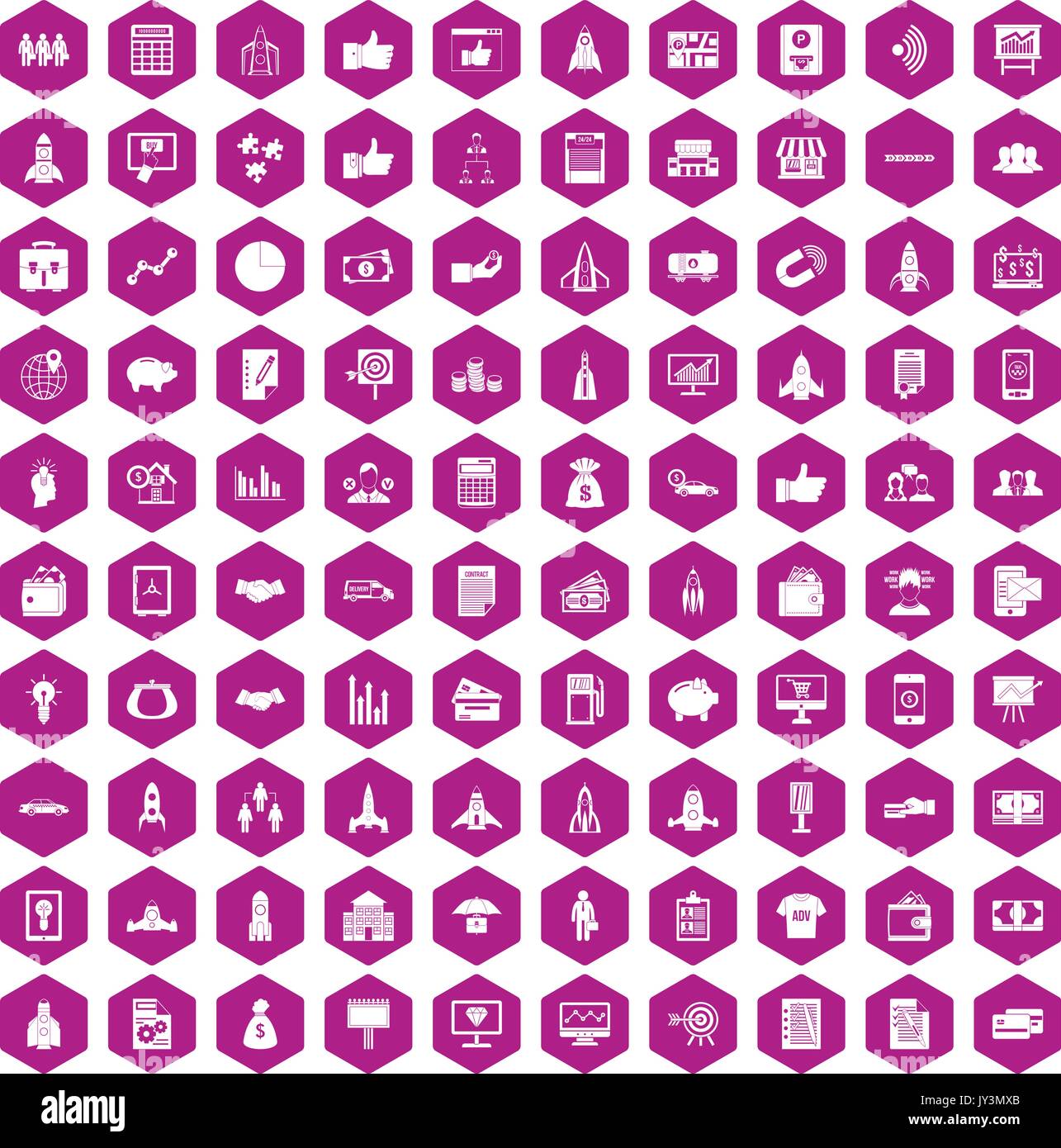 100 startup icons hexagon violet Stock Vector