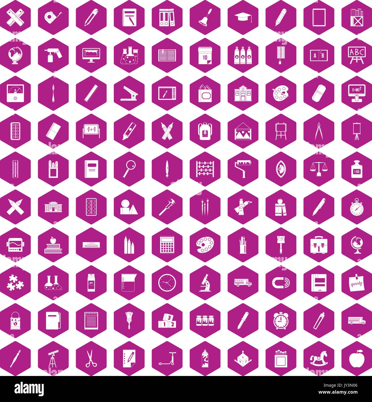 100 stationery icons hexagon violet Stock Vector