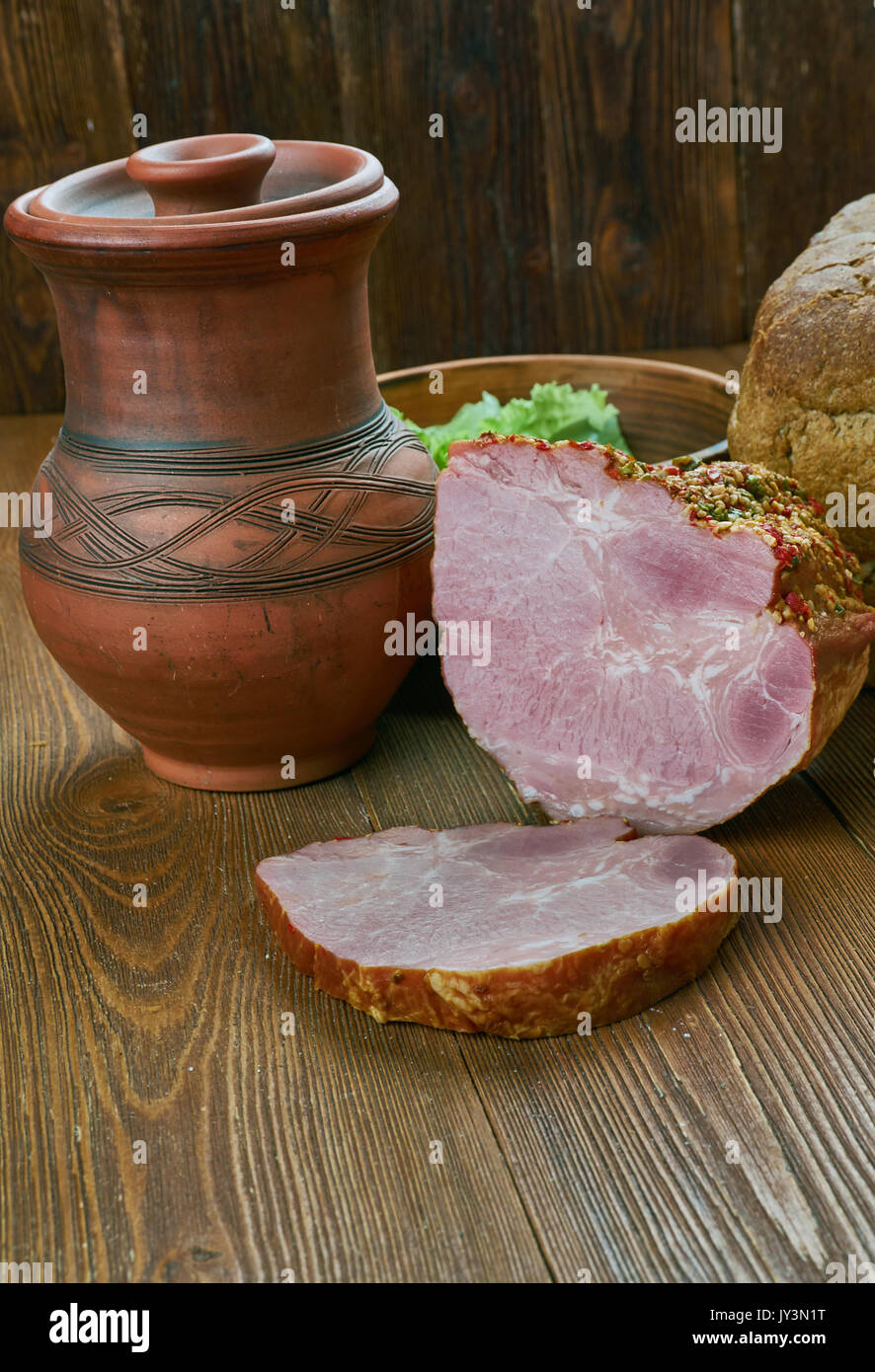 Selchfleisch -  German , Austrian smoked pork. Rustic meat Stock Photo