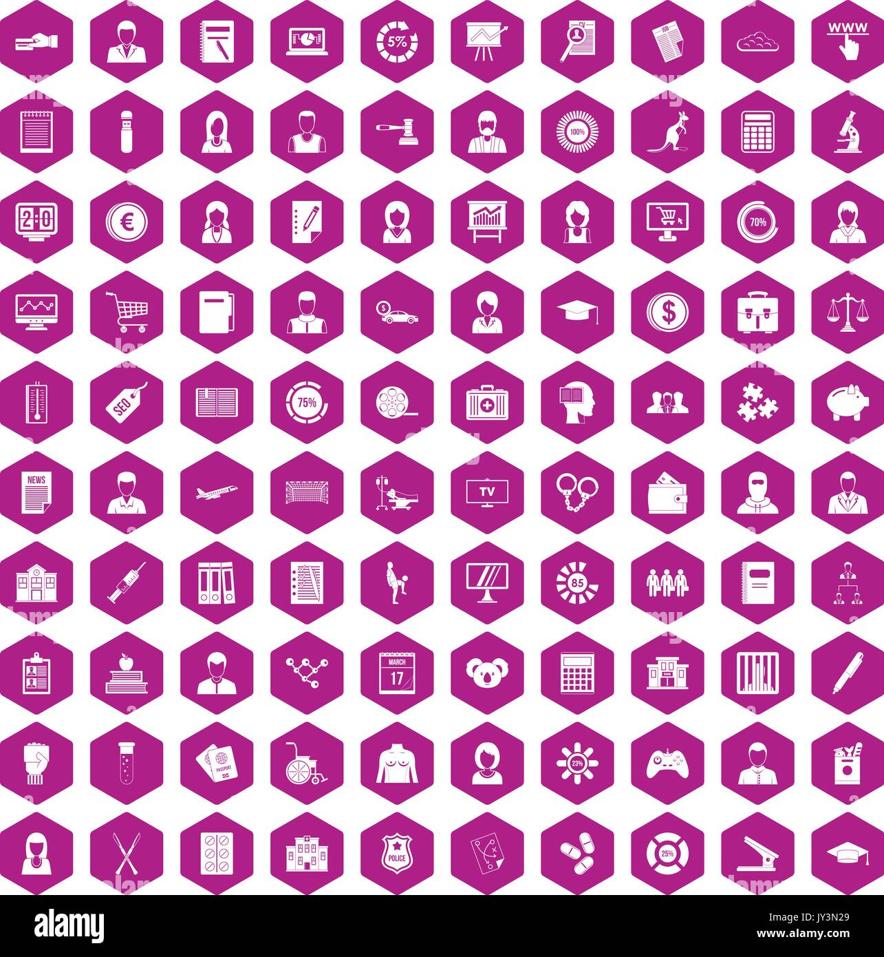 100 statistic data icons hexagon violet Stock Vector