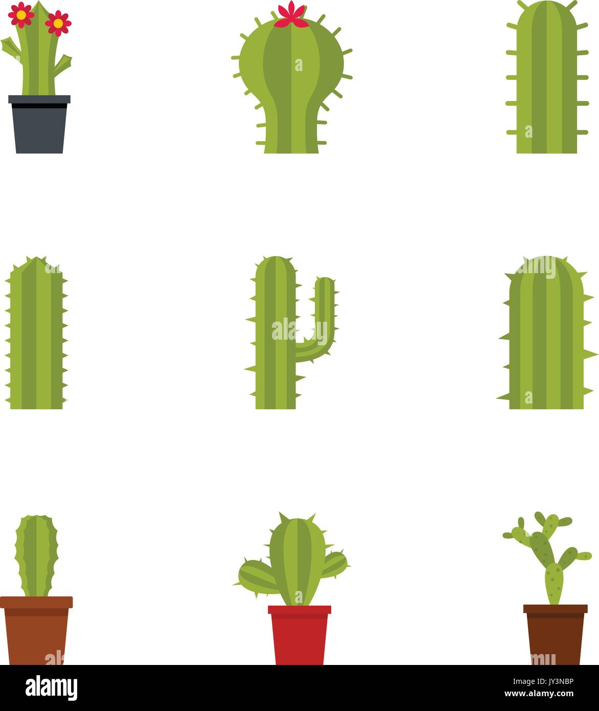 Types of cactus icon set, flat style Stock Vector