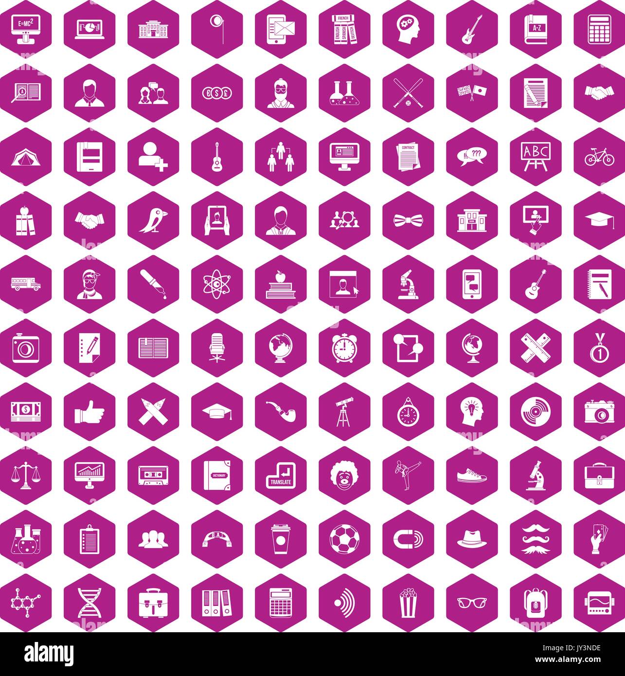 100 student icons hexagon violet Stock Vector