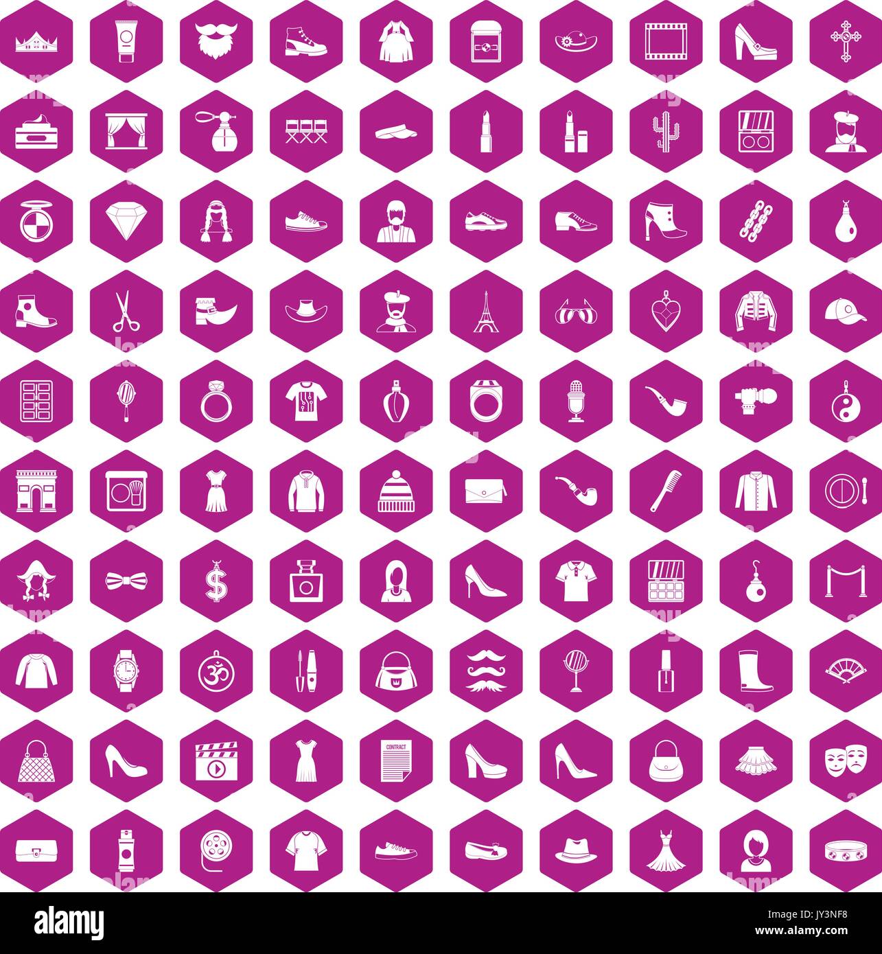 100 stylist icons hexagon violet Stock Vector