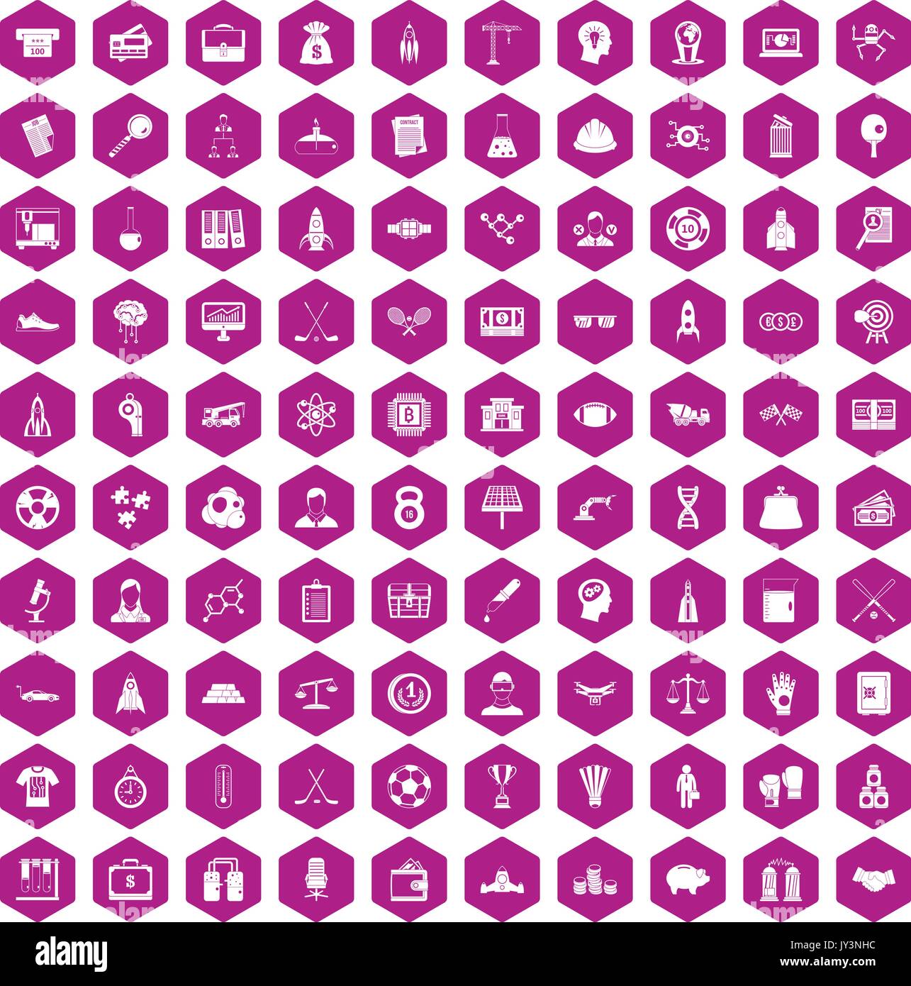 100 success icons hexagon violet Stock Vector