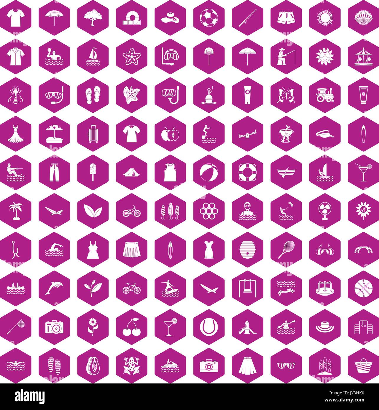 100 summer icons hexagon violet Stock Vector