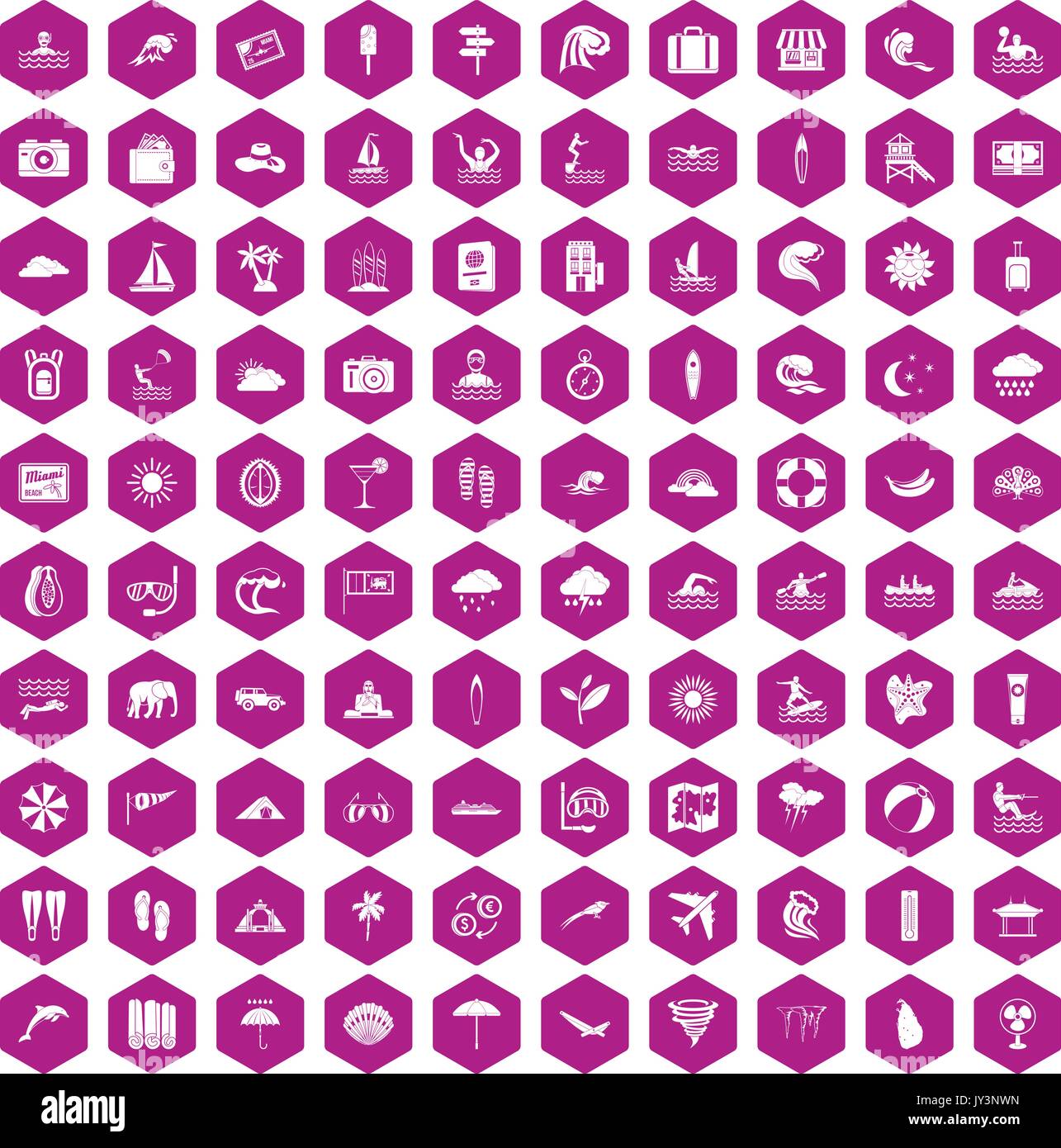 100 surfing icons hexagon violet Stock Vector