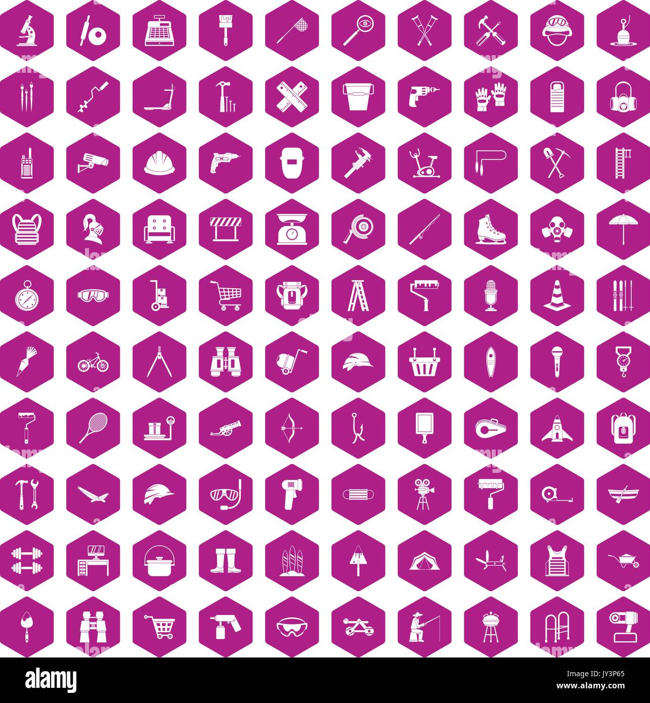 100 tackle icons hexagon violet Stock Vector