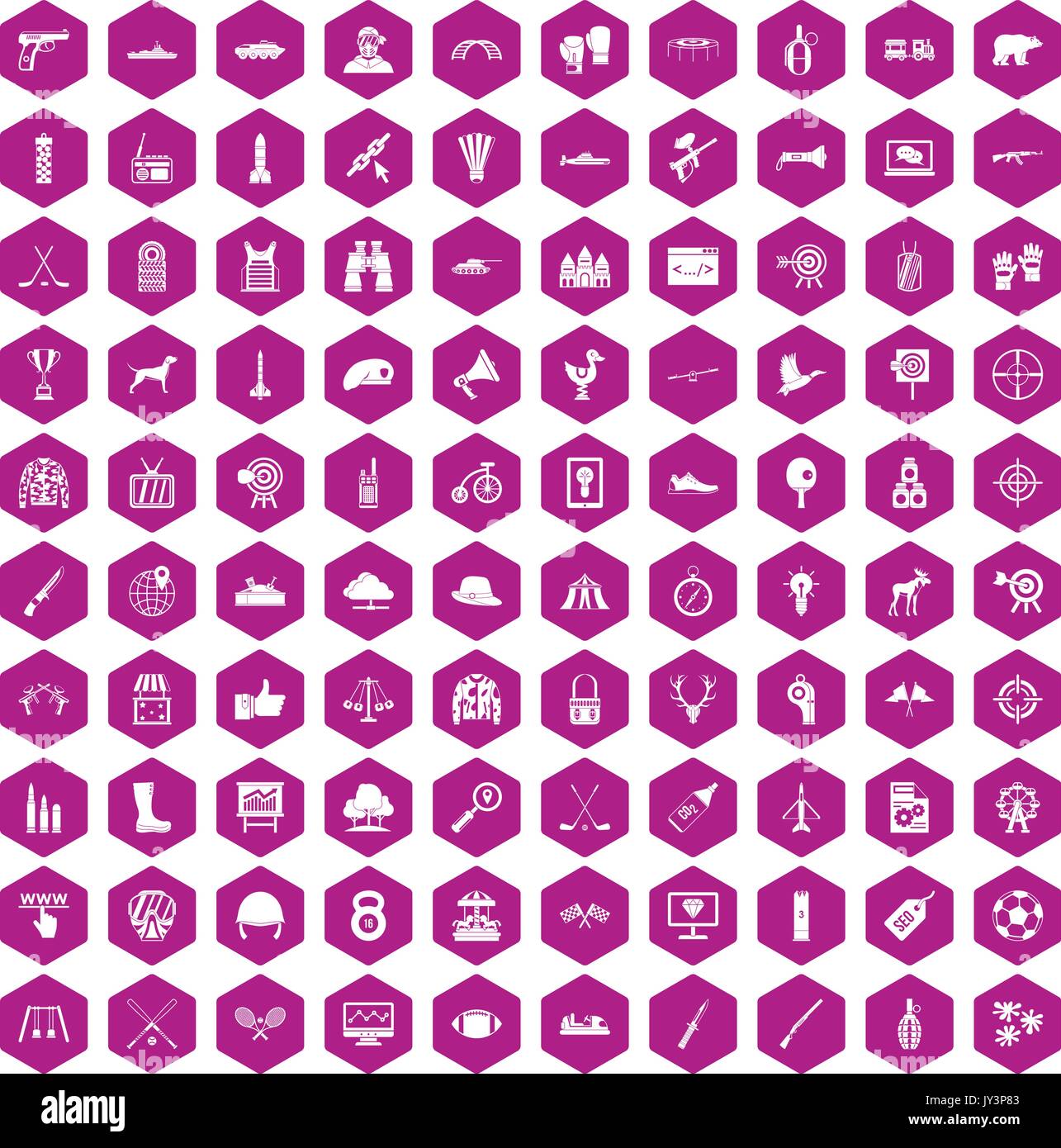 100 target icons hexagon violet Stock Vector