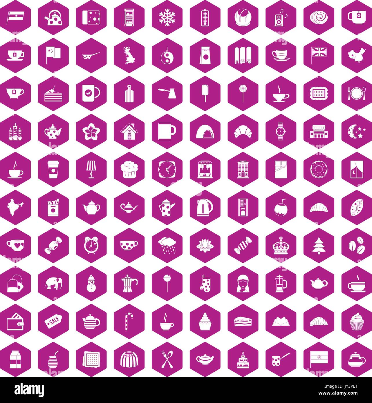 100 tea cup icons hexagon violet Stock Vector