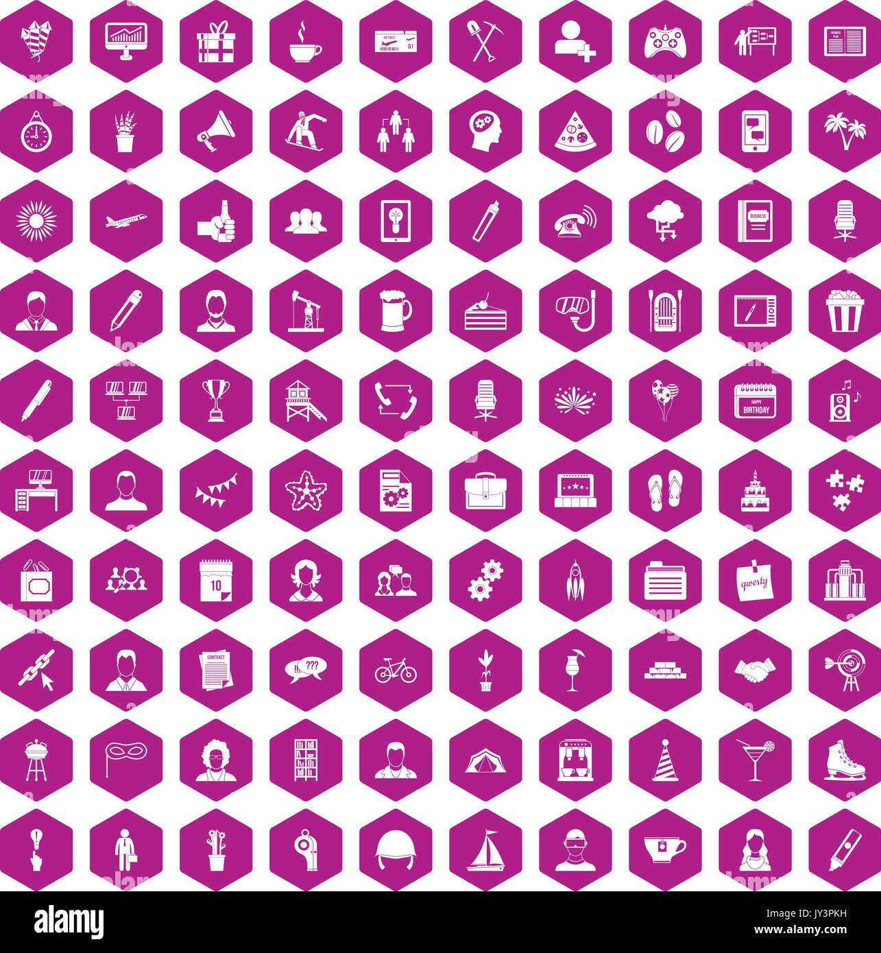 100 team building icons hexagon violet Stock Vector