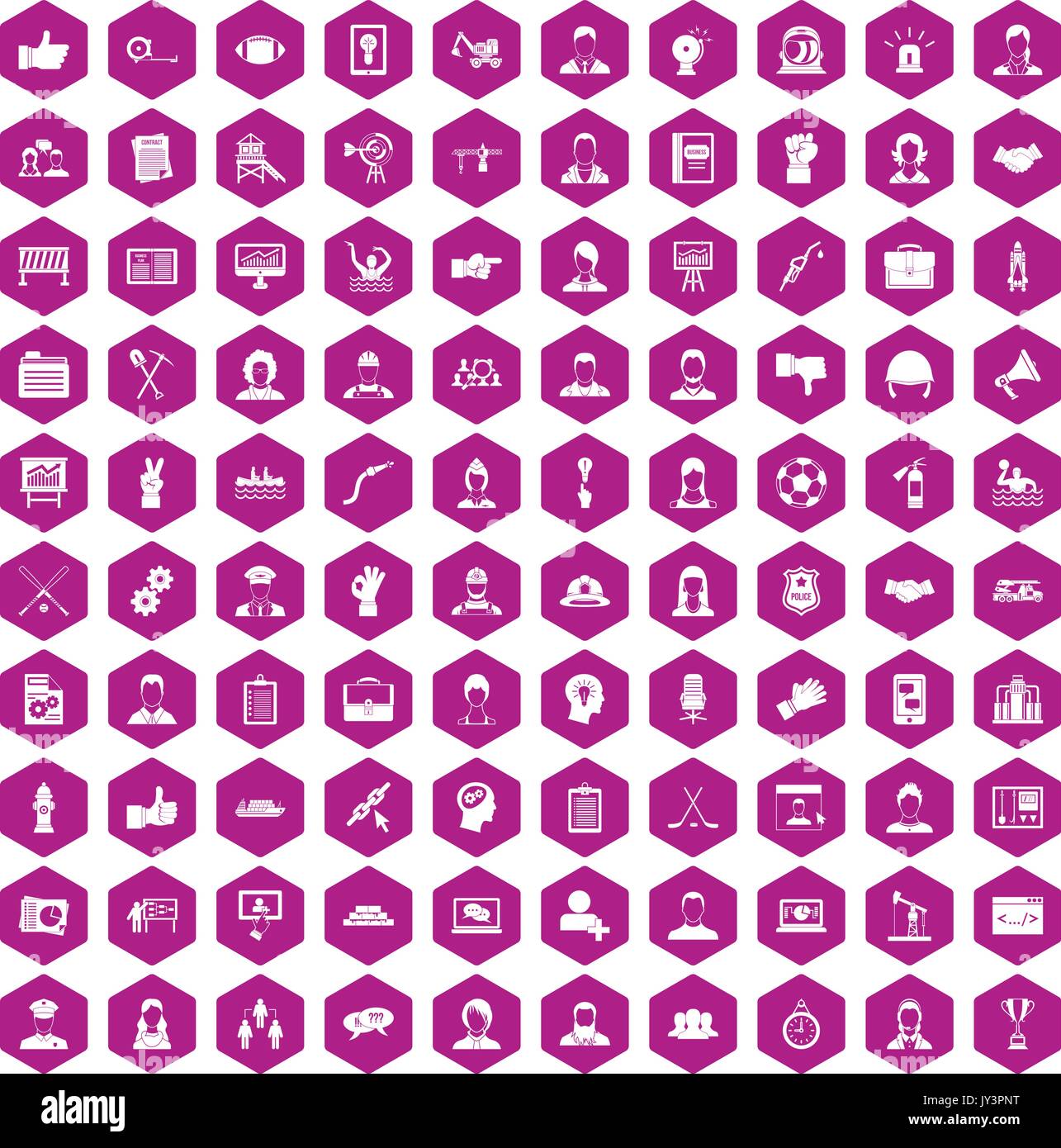 100 team work icons hexagon violet Stock Vector