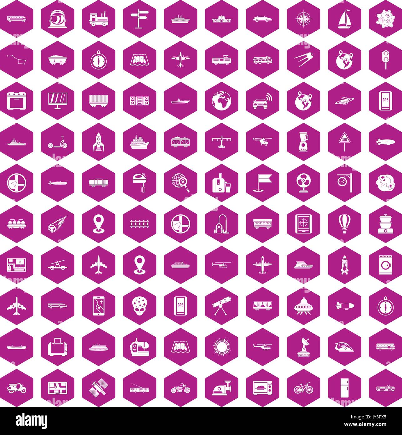 100 technology icons hexagon violet Stock Vector