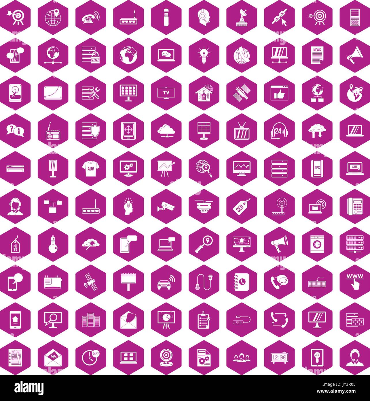 100 telecommunication icons hexagon violet Stock Vector
