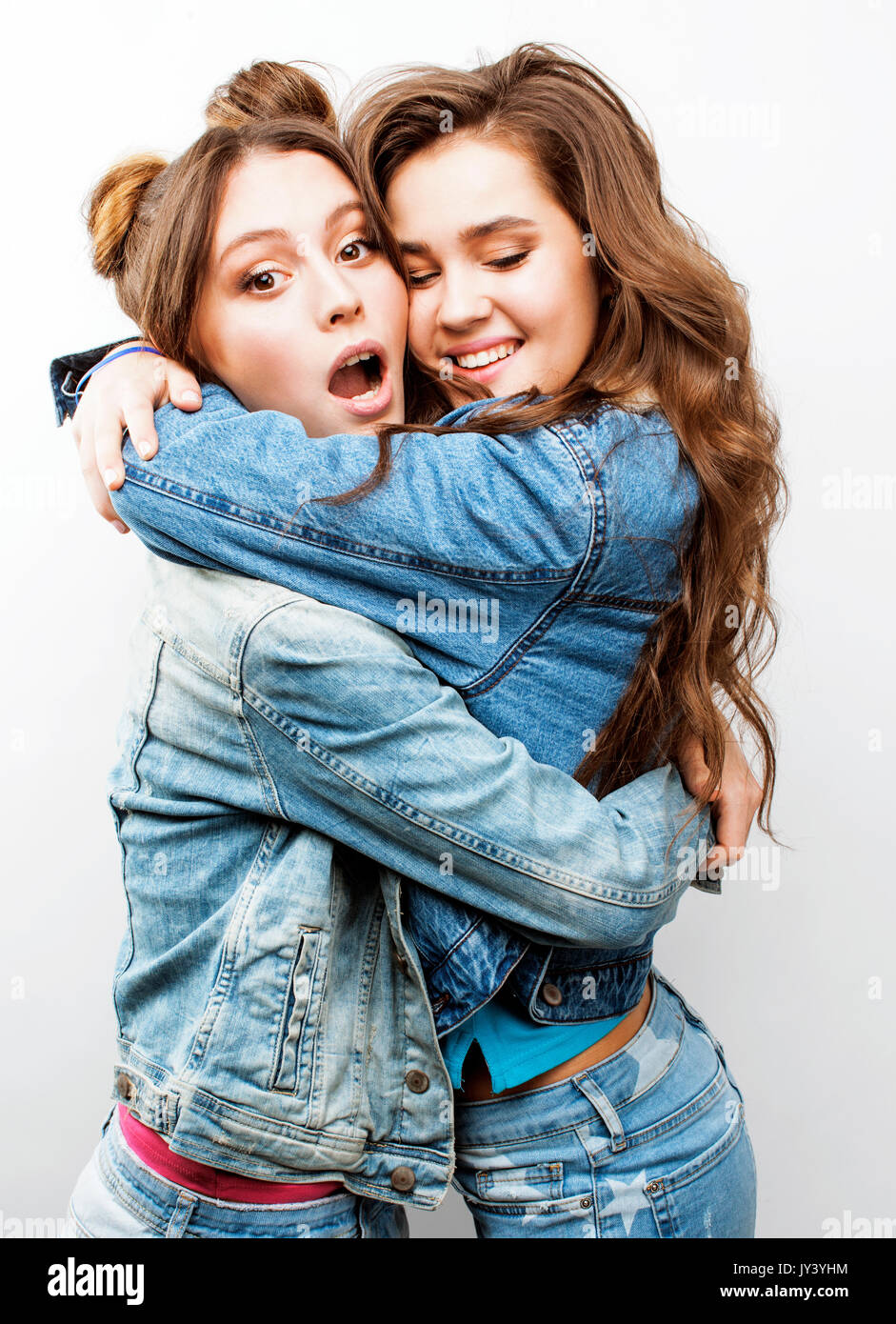 best friends teenage girls together having fun, posing emotional on white  background, besties happy smiling, lifestyle people concept close up.  making selfie Stock Photo - Alamy