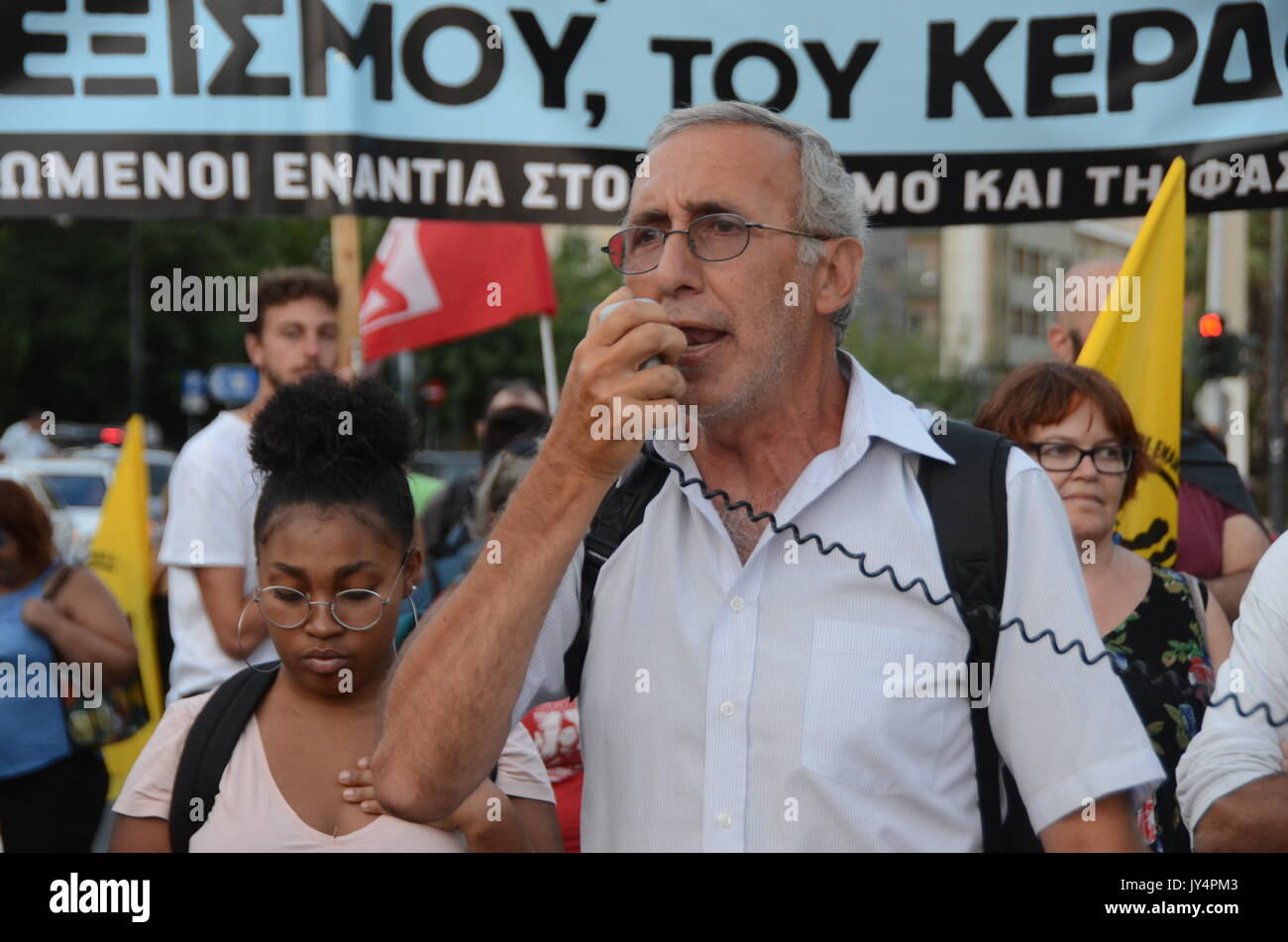 Athens, Greece. 17th Aug, 2017. KEERFA (Movement against Racism And Fascist Threat) activists demonstrate in fron of the American Embassy in Athens is support of Heather Heyer that lost her life during classes in Charlottesville Usa. Demonstrators shouted slogans against KKK, white supermascists and neonazis. Credit: George Panagakis/Pacific Press/Alamy Live News Stock Photo