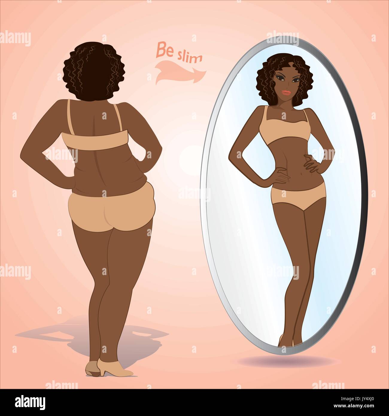 Fat woman looking in mirror and seeing herself as slim and younger, vector Stock Vector