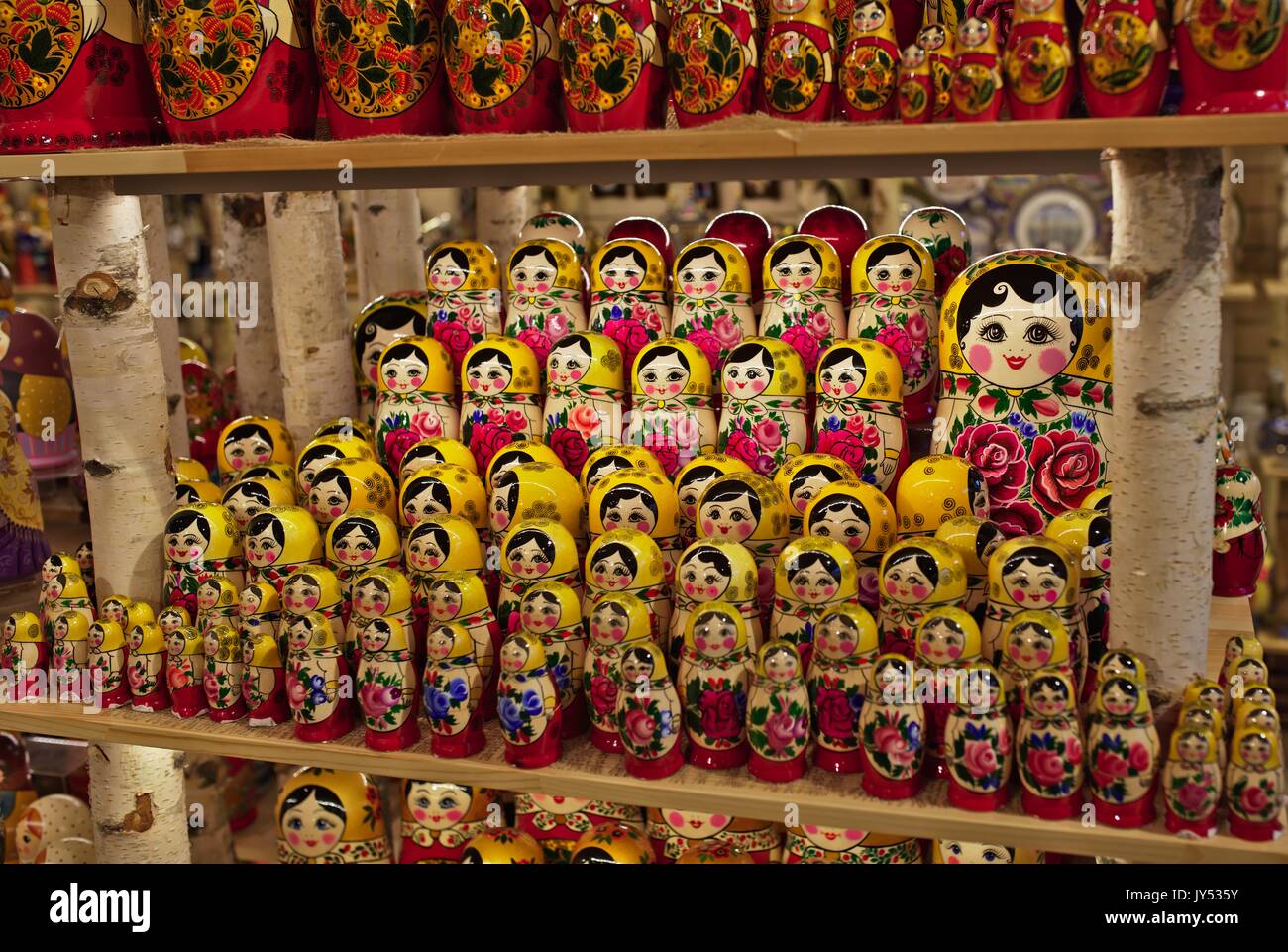 Russian Matrioshka dolls for sale in shop Stock Photo