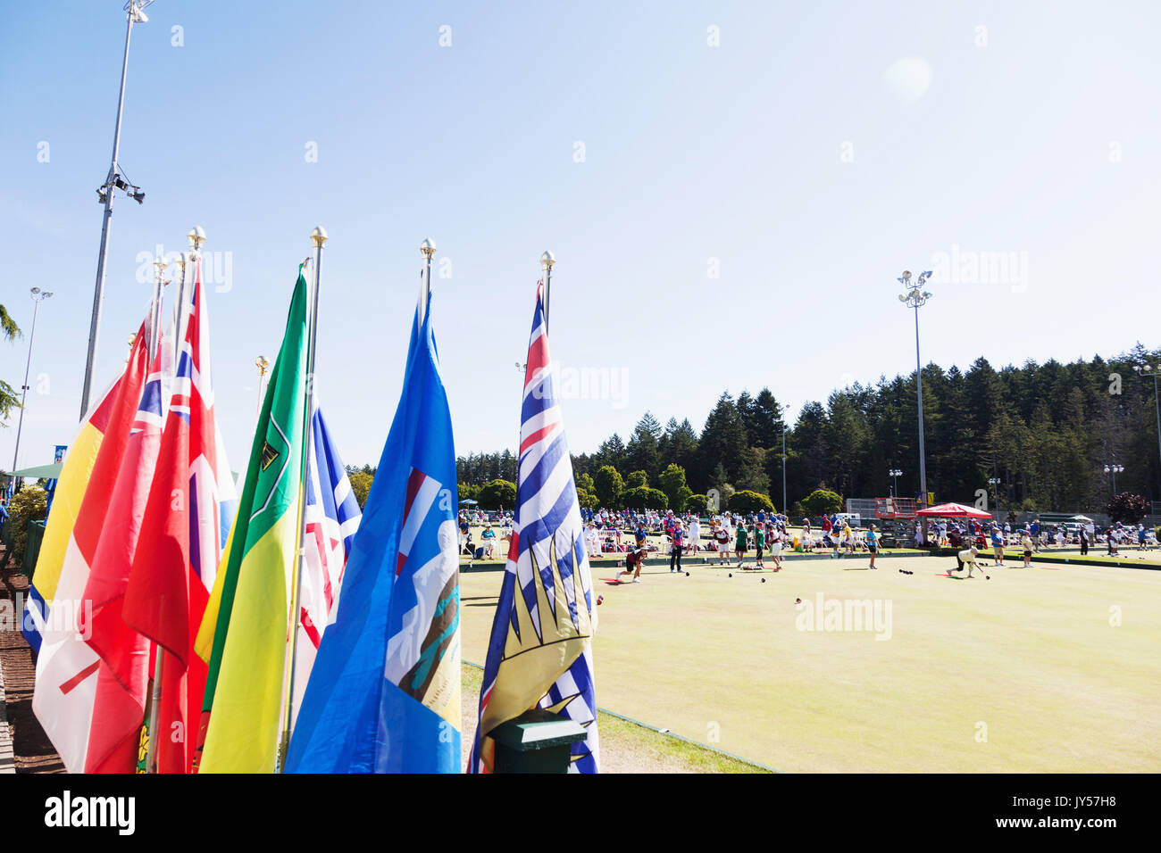 Flags and Canadian Lawn Bowling Championships tournament 2017, Victoria BC Canada Stock Photo