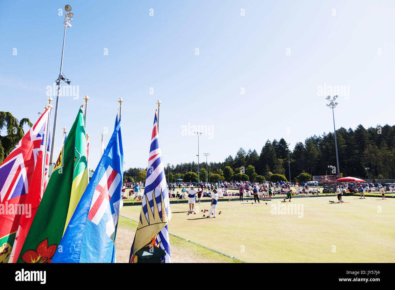 Flags and Canadian Lawn Bowling Championships tournament 2017, Victoria BC Canada Stock Photo