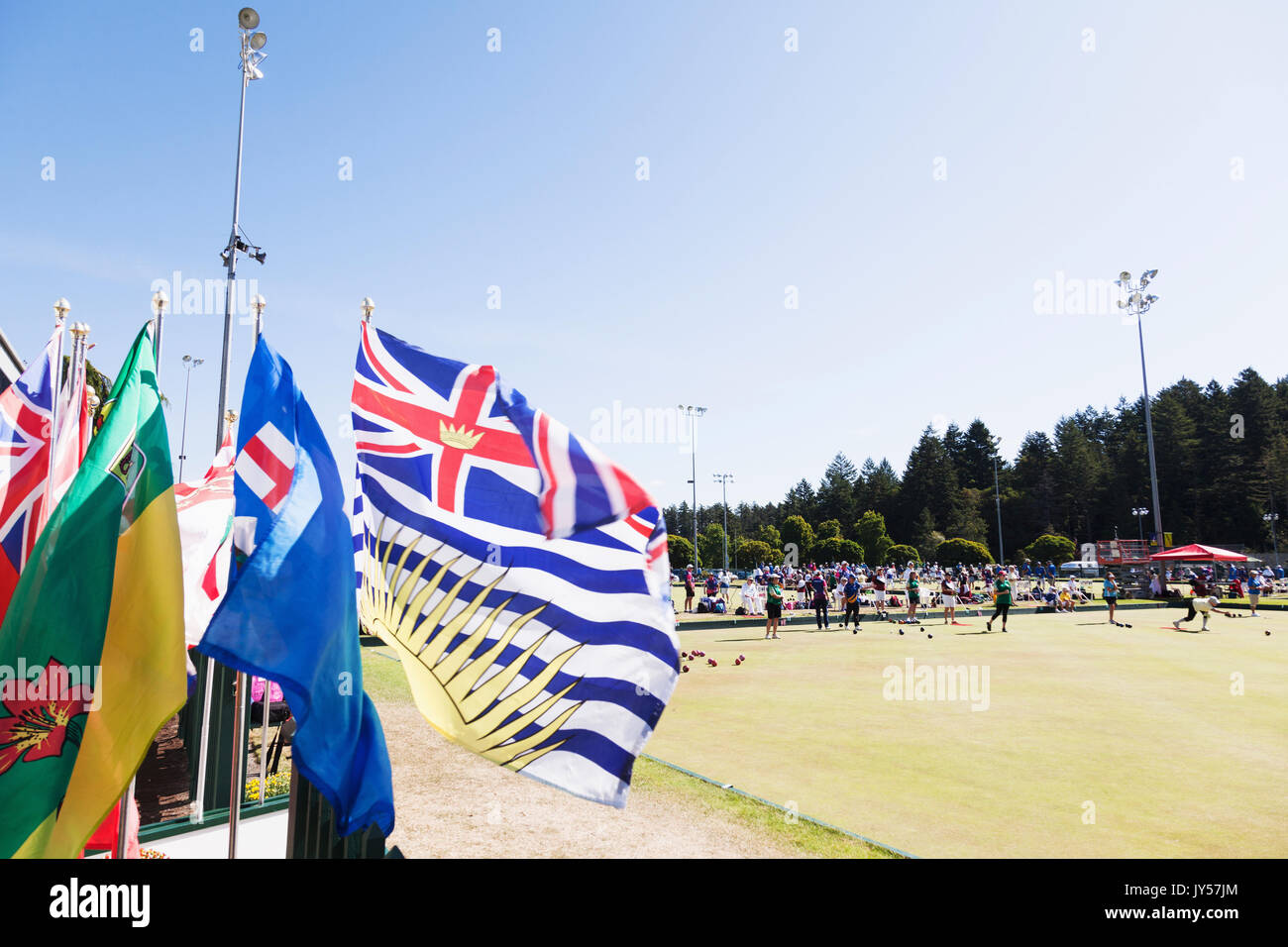 Flags and Canadian Lawn Bowling Championships tournament 2017, Victoria BC Canada Stock Photo